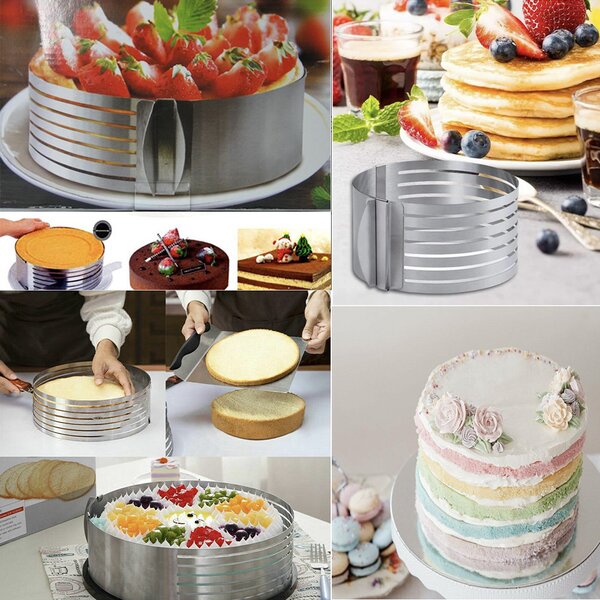 Inel metalic reglabil Pufo Cake pentru blat de tort, prajituri, cu 6 spatii de feliere, diametru 24 cm, argintiu