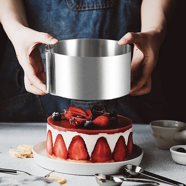 Inel metalic reglabil Pufo Cake pentru blat de tort, prajituri, inaltime 8.5 cm, argintiu
