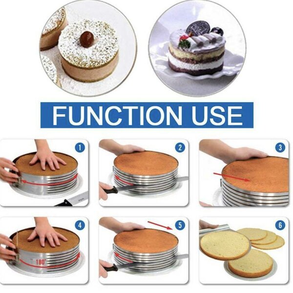Inel metalic reglabil Pufo Cake pentru blat de tort, prajituri, cu 6 spatii de feliere, diametru 24 cm, argintiu