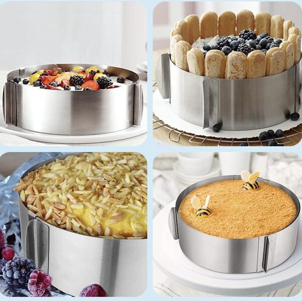 Inel metalic reglabil Pufo Cake pentru blat de tort, prajituri, inaltime 8.5 cm, argintiu