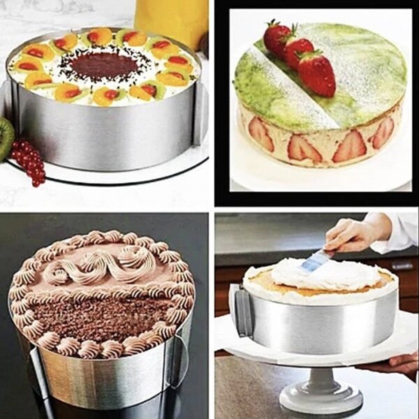 Inel metalic reglabil Pufo Cake pentru blat de tort, prajituri, inaltime 8.5 cm, argintiu