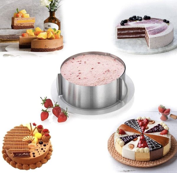 Inel metalic reglabil Pufo Cake pentru blat de tort, prajituri, inaltime 8.5 cm, argintiu