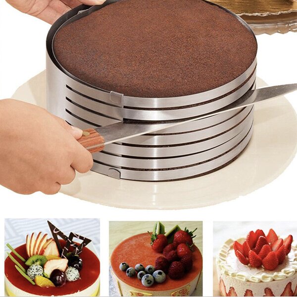 Inel metalic reglabil Pufo Cake pentru blat de tort, prajituri, cu 6 spatii de feliere, diametru 24 cm, argintiu