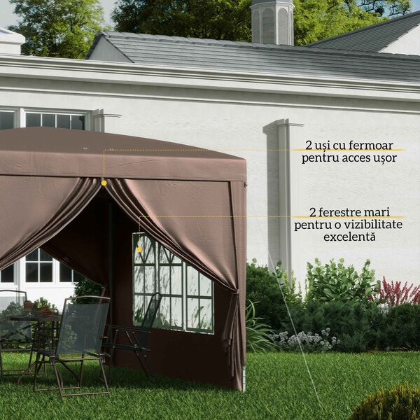 Outsunny Pavilion Pliabil cu 2 Uși, 2 Ferestre, 4 Panouri Laterale și Geantă de Transport, 2.95x2.95x2.58 m, Cafeniu | Aosom Romania