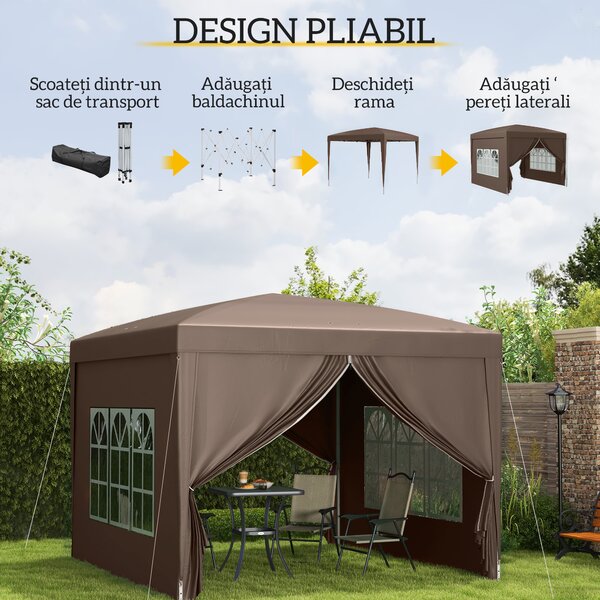 Outsunny Pavilion Pliabil cu 2 Uși, 2 Ferestre, 4 Panouri Laterale și Geantă de Transport, 2.95x2.95x2.58 m, Cafeniu | Aosom Romania