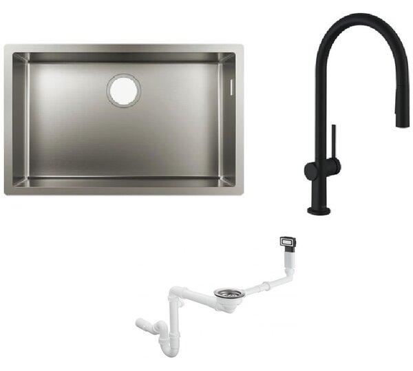 Set baterie bucătărie Hansgrohe Talis M54 72801670, chiuveta din otel Hansgrohe S 71 43428800, 43921800