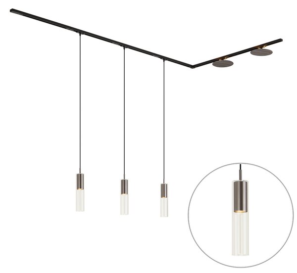 Sistem de iluminat cu șină modern negru cu 3 lămpi suspendate și 2 spoturi de tavan gunmetal monofazate - Iconic Lloyd Pulley
