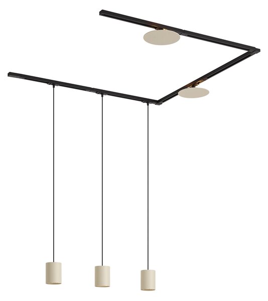 Sistem de iluminat pe șină modern negru cu 3 lămpi suspendate și 2 plafoniere bej monofazate - Iconic Holt Pulley