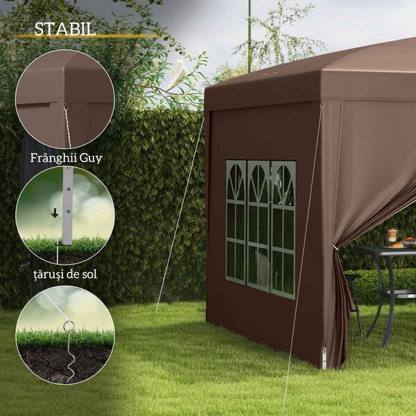 Outsunny Pavilion Pliabil cu 2 Uși, 2 Ferestre, 4 Panouri Laterale și Geantă de Transport, 2.95x2.95x2.58 m, Cafeniu | Aosom Romania