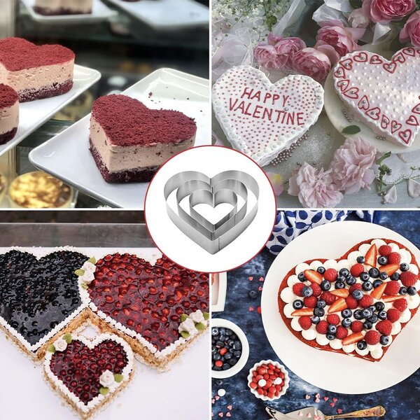 Set 3 forme metalice Pufo Heart Cake in forma de inima, pentru blat de tort, prajituri, otel, argintiu- romantice si durabile