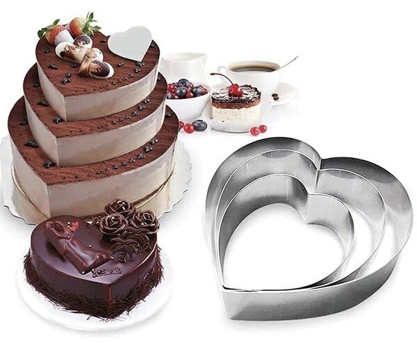 Set 3 forme metalice Pufo Heart Cake in forma de inima, pentru blat de tort, prajituri, otel, argintiu- romantice si durabile