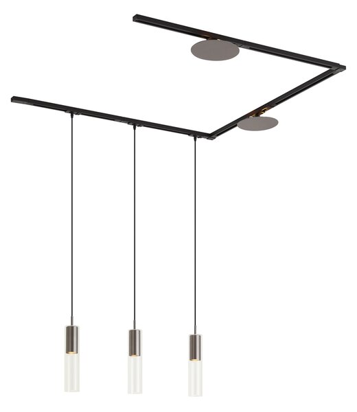 Sistem de iluminat cu șină modern negru cu 3 lămpi suspendate și 2 spoturi de tavan gunmetal monofazate - Iconic Lloyd Pulley