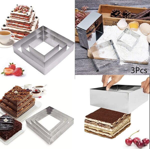 Set 3 forme metalice patrate Pufo Cake pentru blat de tort, prajituri, argintiu- rezistente si usor de utilizat