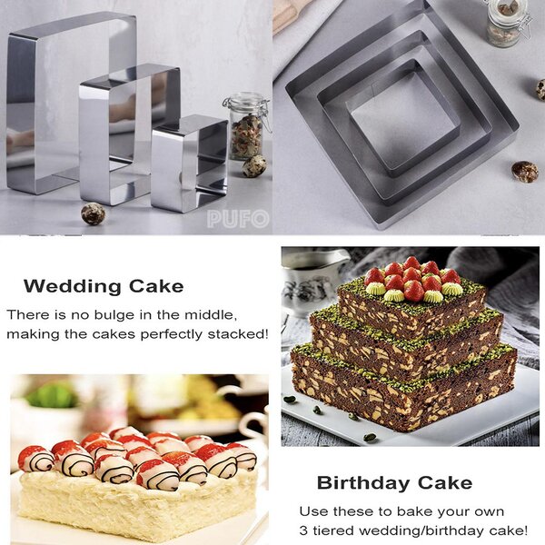 Set 3 forme metalice patrate Pufo Cake pentru blat de tort, prajituri, argintiu- rezistente si usor de utilizat