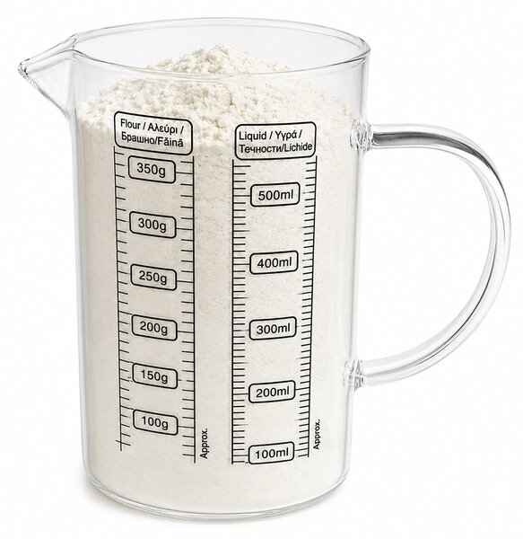 Cana gradata Pufo din sticla pentru masurare ingrediente, 500 ml, transparenta