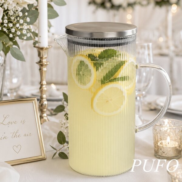 Carafa eleganta Pufo Line din sticla pentru apa, limonada sau suc, capac metalic, 1L