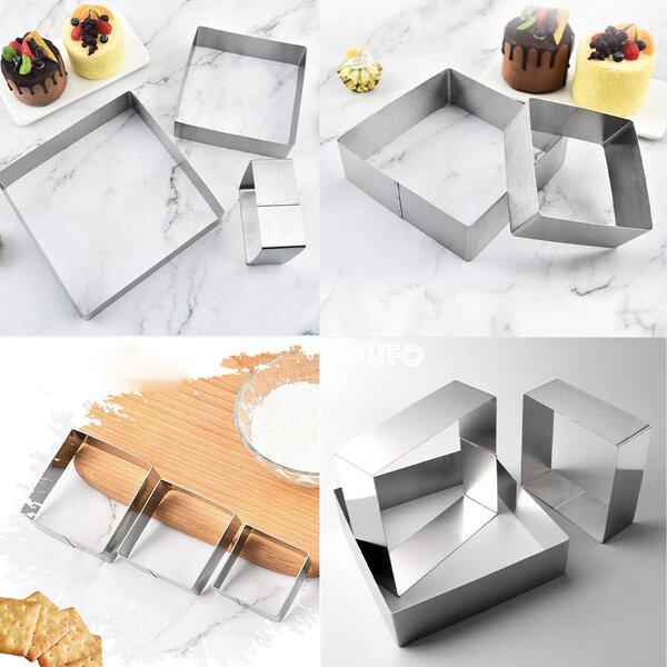 Set 3 forme metalice patrate Pufo Cake pentru blat de tort, prajituri, argintiu- rezistente si usor de utilizat