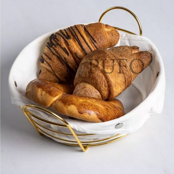 Cos metalic rotund Pufo Luxury Premium de bucatarie pentru servire paine, cu husa detasabila textila, 24 x 24 cm, auriu