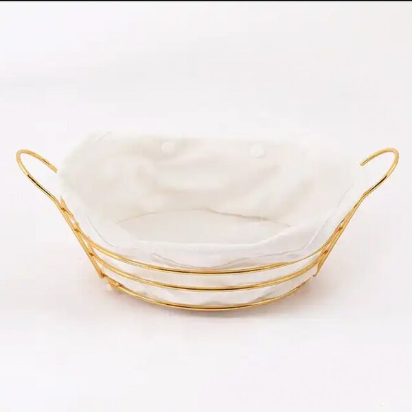 Cos metalic rotund Pufo Luxury Premium de bucatarie pentru servire paine, cu husa detasabila textila, 24 x 24 cm, auriu