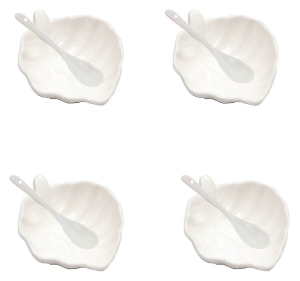 Set 4 boluri din portelan Pufo Leaf pentru aperitive, desert, sosiera, cu lingurite, albe