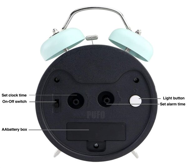 Ceas de masa desteptator Pufo Twinkle cu buton de iluminare cadran, metalic, 15 cm, albastru