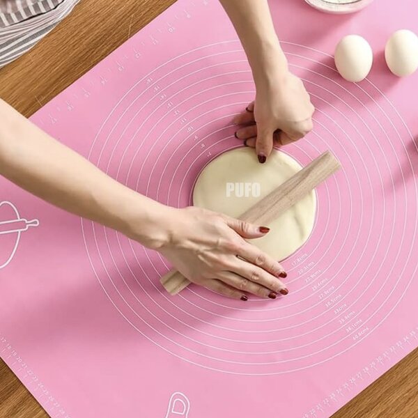 Plansa modelatoare din silicon Pufo Paste pentru masurat, rulat sau framantat aluat de patiserie, cofetarie, brutarie, 69 x 49 cm, roz