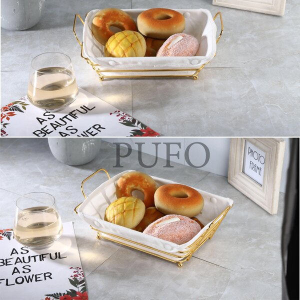 Cos metalic dreptunghiular Pufo de bucatarie pentru servire paine, cu picioruse si husa detasabila textila, 26 x 19 cm, auriu