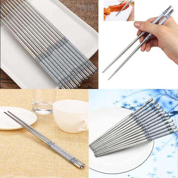 Set 5 perechi betisoare metalice Pufo Premium din otel pentru sushi, 22 cm, argintiu