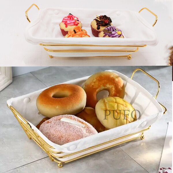 Cos metalic dreptunghiular Pufo de bucatarie pentru servire paine, cu picioruse si husa detasabila textila, 26 x 19 cm, auriu