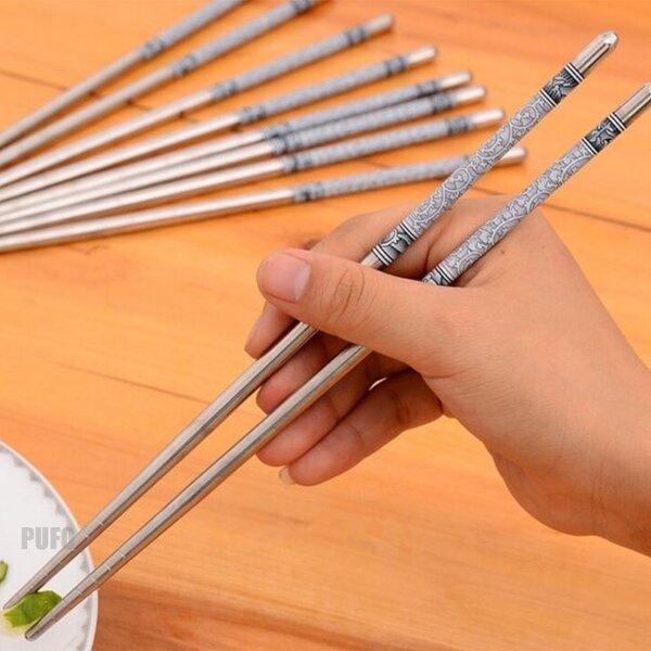 Set 5 perechi betisoare metalice Pufo Premium din otel pentru sushi, 22 cm, argintiu