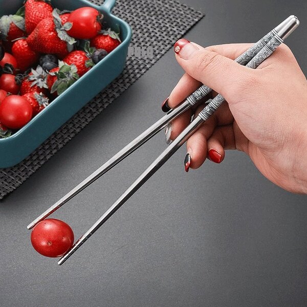 Set 5 perechi betisoare metalice Pufo Premium din otel pentru sushi, 22 cm, argintiu