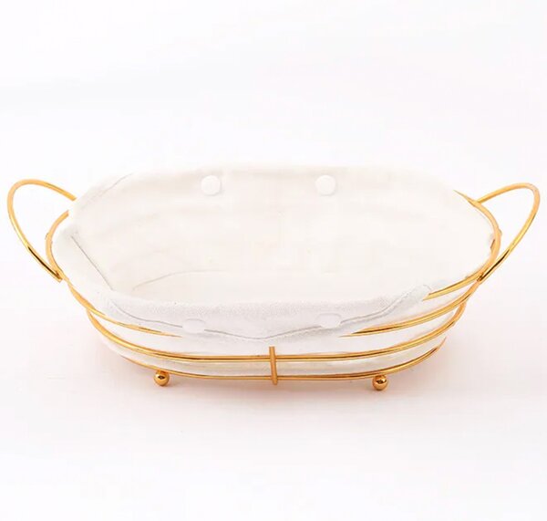 Cos metalic oval Pufo de bucatarie pentru servire paine, cu picioruse si husa detasabila textila, 26 x 19 cm, auriu