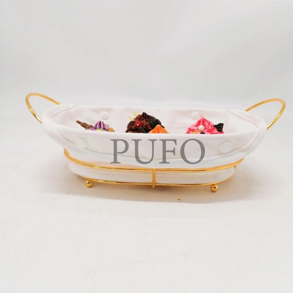 Cos metalic oval Pufo de bucatarie pentru servire paine, cu picioruse si husa detasabila textila, 26 x 19 cm, auriu