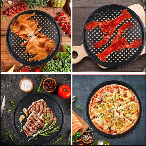 Tava cuptor rotunda Pufo Cook cu gauri pentru copt pizza, aluat, servire mancare, antiaderenta, 29 cm