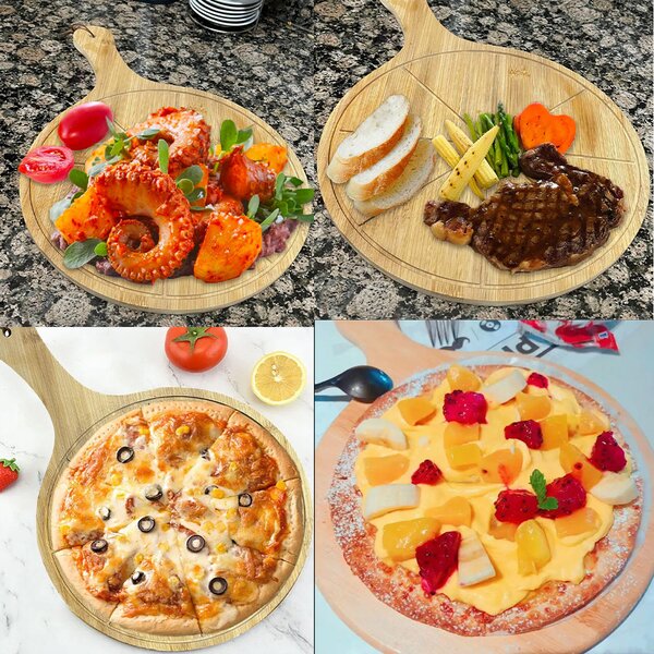 Platou rotund Pufo din lemn de bambus cu maner pentru servire alimente, aperitive, pizza, 43 x 30 cm, maro