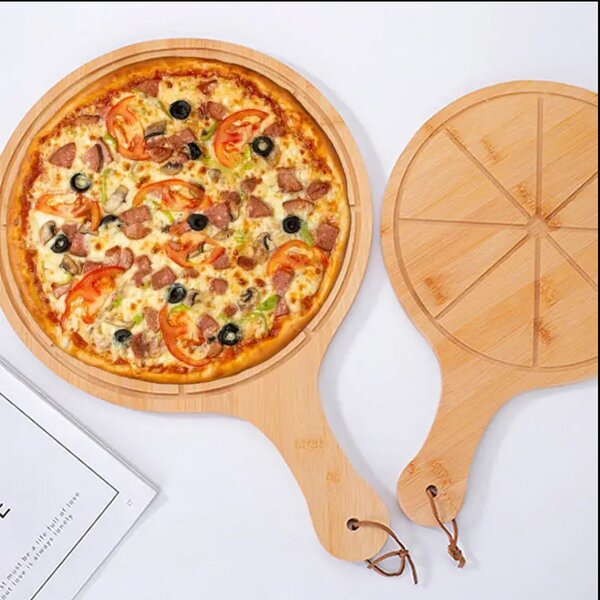 Platou rotund Pufo din lemn de bambus cu maner pentru servire alimente, aperitive, pizza, 43 x 30 cm, maro