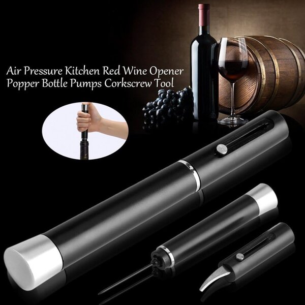 Tirbuson practic Pufo pentru sticle de vin cu presiune de aer, desfacator modern, 19 cm, negru