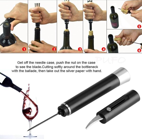 Tirbuson practic Pufo pentru sticle de vin cu presiune de aer, desfacator modern, 19 cm, negru
