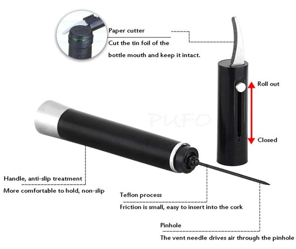 Tirbuson practic Pufo pentru sticle de vin cu presiune de aer, desfacator modern, 19 cm, negru