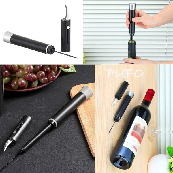 Tirbuson practic Pufo pentru sticle de vin cu presiune de aer, desfacator modern, 19 cm, negru