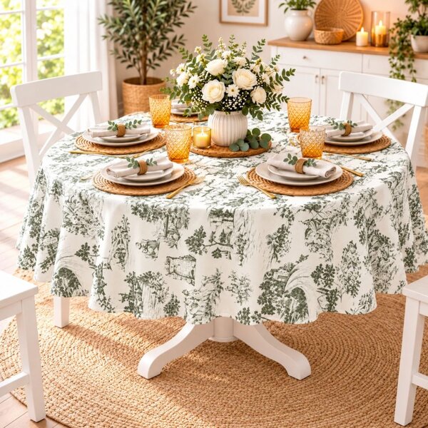 Fata de masa teflonata, rotunda, diametru 140cm, Peisaj vintage verde