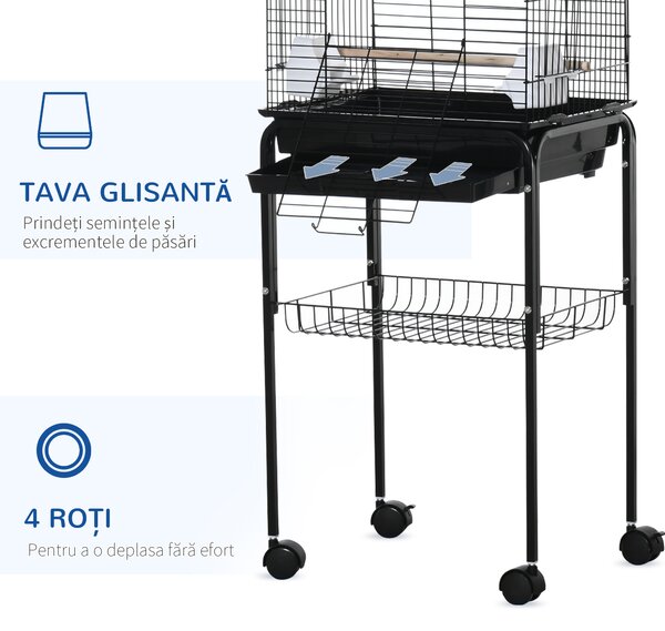 PawHut Colivie pentru Pasari cu 3 Stinghii, 2 Boluri si 2 Usi Laterale, Colivie pentru Animale din Otel, PP si Lemn, 46x36x130 cm, Neagra