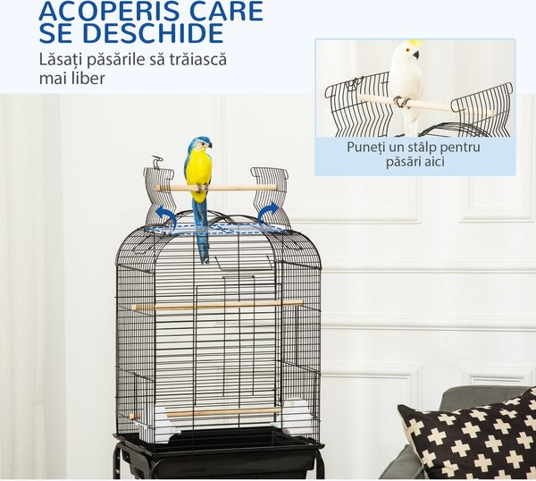 PawHut Colivie pentru Pasari cu 3 Stinghii, 2 Boluri si 2 Usi Laterale, Colivie pentru Animale din Otel, PP si Lemn, 46x36x130 cm, Neagra