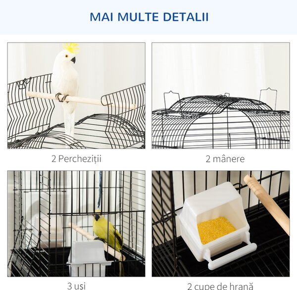 PawHut Colivie pentru Pasari cu 3 Stinghii, 2 Boluri si 2 Usi Laterale, Colivie pentru Animale din Otel, PP si Lemn, 46x36x130 cm, Neagra