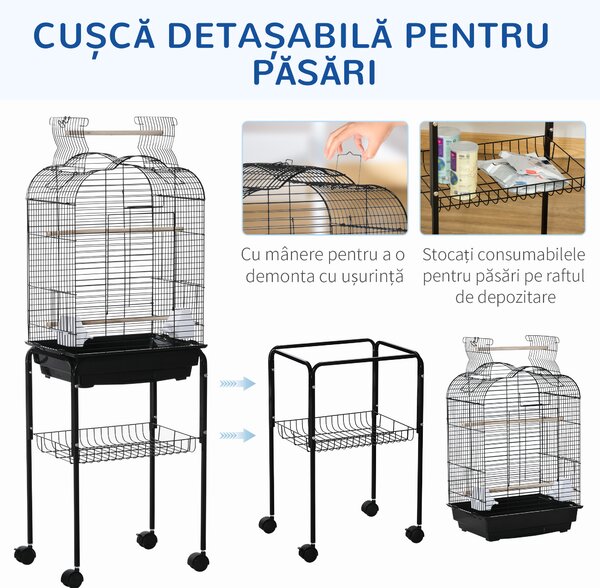 PawHut Colivie pentru Pasari cu 3 Stinghii, 2 Boluri si 2 Usi Laterale, Colivie pentru Animale din Otel, PP si Lemn, 46x36x130 cm, Neagra
