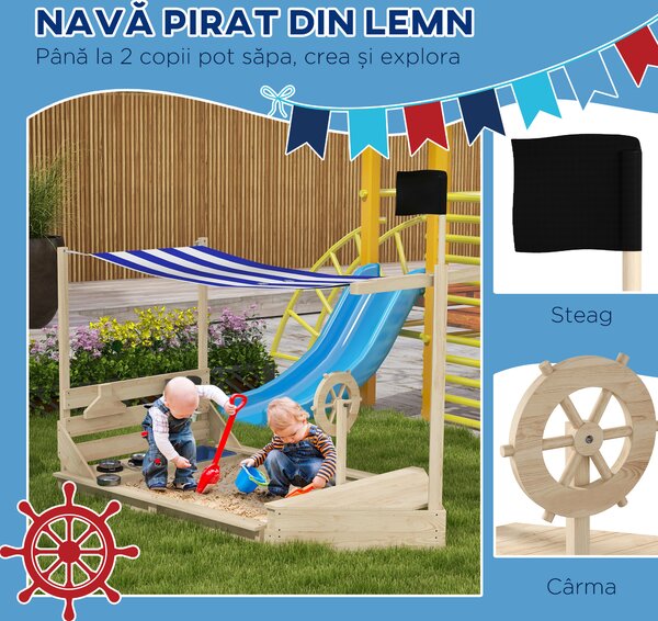 Outusunny Nisipar din Lemn pentru Copii cu Capac, Ladă de Nisip pentru Exterior cu Set de Joacă Inclus, 180x103x144,5 cm, Lemn Natural | Aosom Romania