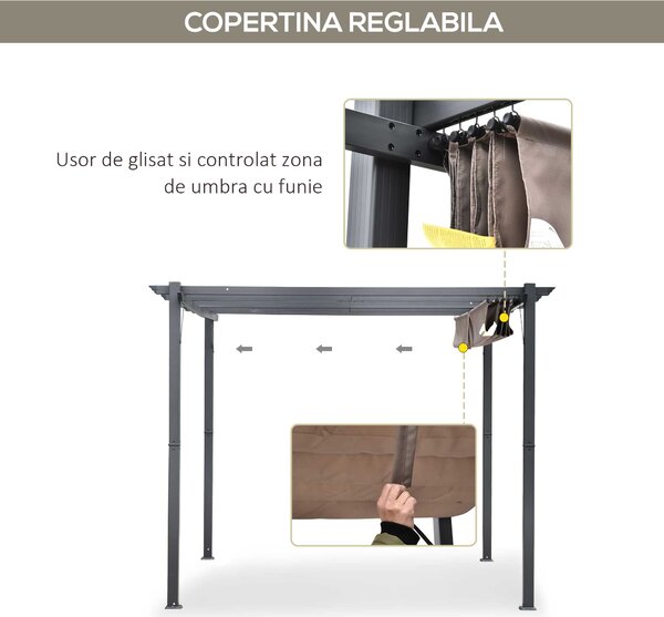 Outsunny Foisor Pergola de Gradina 3x3 m cu Acoperis Retractabil, Pergola din Aluminiu cu Acoperis Retractabil Anti UV, Gri | Aosom Romania