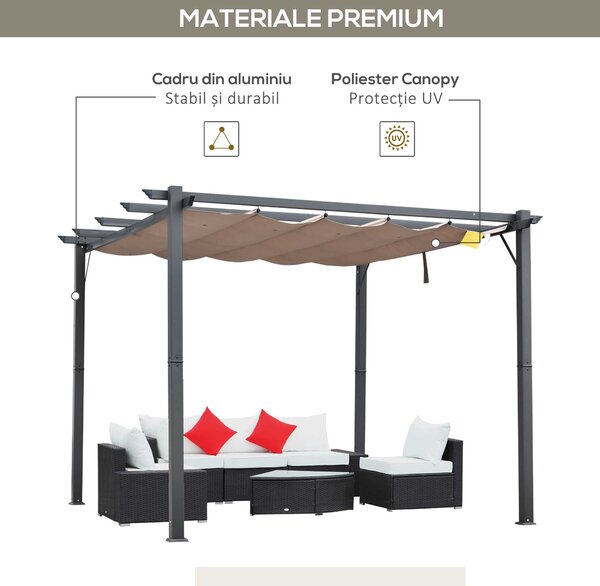 Outsunny Foisor Pergola de Gradina 3x3 m cu Acoperis Retractabil, Pergola din Aluminiu cu Acoperis Retractabil Anti UV, Gri | Aosom Romania
