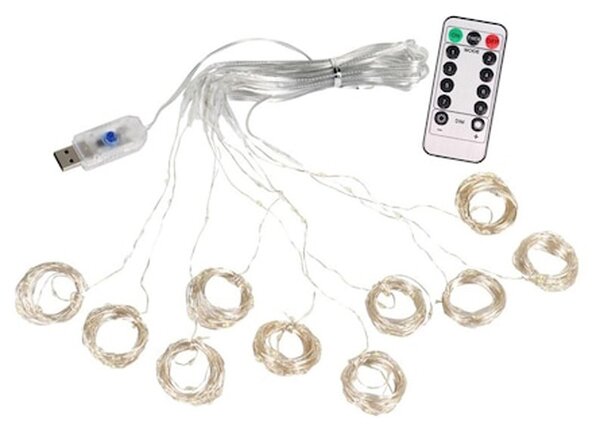 Instalatie luminoasa tip perdea, 3x3 m, 300 LED-uri alb rece, conectare USB, telecomanda, controler