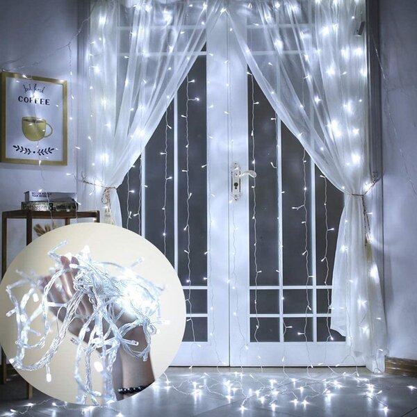 Instalatie luminoasa tip perdea, 3x3 m, 300 LED-uri alb rece, conectare USB, telecomanda, controler